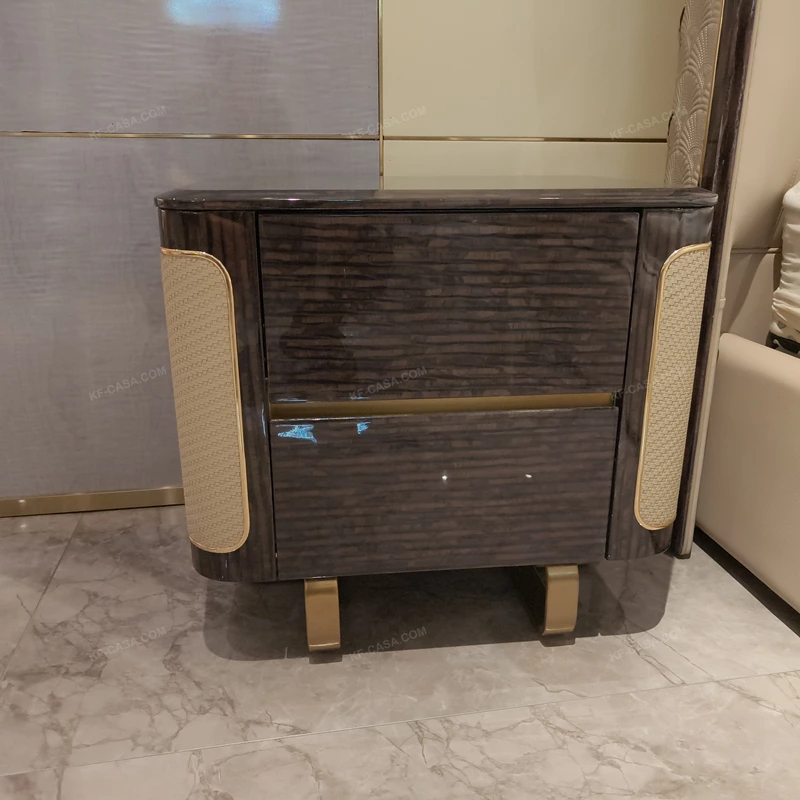 Dark Glossy Nightstand with Woven Leather Side Panels and Hidden Drawer Pulls